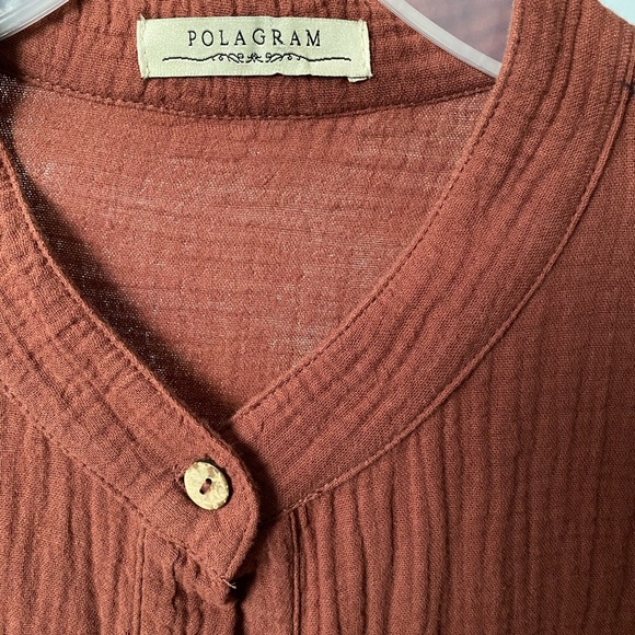 Polagram gauze cotton boho button down long sleeve tunic, sienna brown - Picture 8 of 9